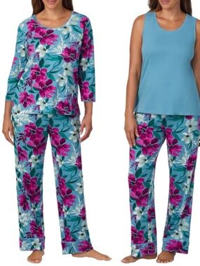 Carol HOCHMAN Floral Blue & Magenta Pajama Set Three -Piece Sleepwear
